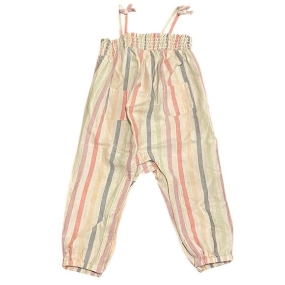 Old Navy Striped Smocked Romper Cream Blue Lavender Green Size 18-24 mos - Picture 1 of 12